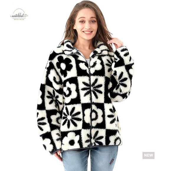 Jackets & Blazers - Floral Print Sherpa Fleece Cropped Jacket Long Sleeve Winter Outerwear